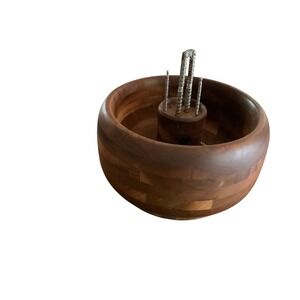 Vintage Wooden Nut Bowl with Nutcracker and Picks Set Mid Century Modern 10 inch